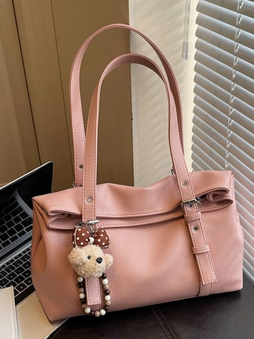Sac Cabas Rétro en Cuir PU à Motif Litchi pour Femmes Grande Capacité Navetteur Sac à Épaule Sous le Bras Avec Charme Ours en Peluche Pour Femmes
