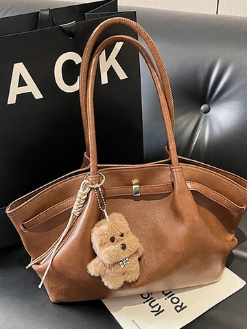 Damen Große Kapazität PU Leder Tote Bag Minimalistisch Vintage Pendeln Schultertasche Mit Plüschbär Anhänger Elegante Handtasche