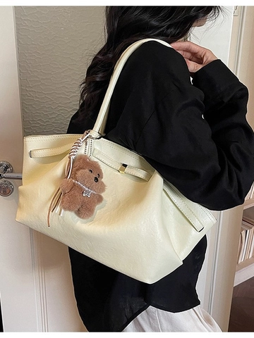 Damen Große Kapazität PU Leder Tote Bag Minimalistisch Vintage Pendeln Schultertasche Mit Plüschbär Anhänger Elegante Handtasche