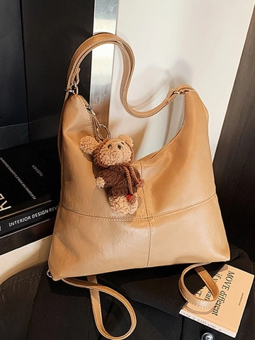 Damen Retro Große Kapazität PU Leder Tote Bag Mode Lässig Hobo Umhängetasche Mit Plüschbär Anhänger Pendeln Dual Use Rucksack