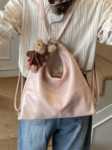 Damen Retro Große Kapazität PU Leder Tote Bag Mode Lässig Hobo Umhängetasche Mit Plüschbär Anhänger Pendeln Dual Use Rucksack