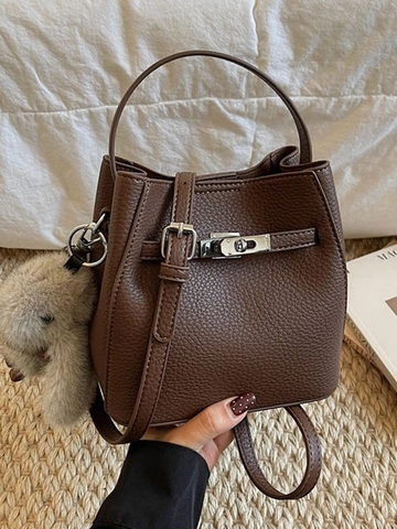 Borsa a Secchiello in Pelle PU Martellata da Donna Con Ciondolo a Coniglio Chiusura in Metallo Borsa a Tracolla Per Stile Casual Quotidiano