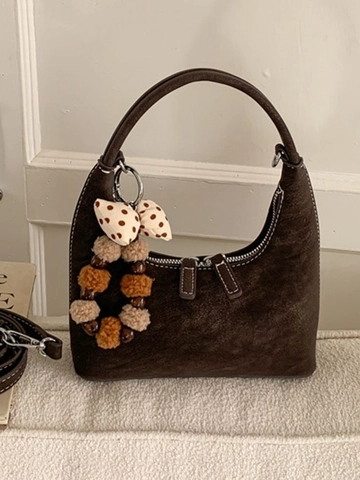 Vintage Frosted PU Leather Hobo Bag For Women Minimalist Crossbody Bag Moon Bag With Bow Pompom Pendant Contrast Stitching Shoulder Bag