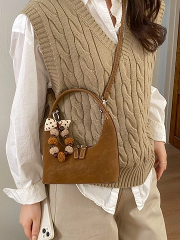 Vintage Frosted PU Leather Hobo Bag For Women Minimalist Crossbody Bag Moon Bag With Bow Pompom Pendant Contrast Stitching Shoulder Bag