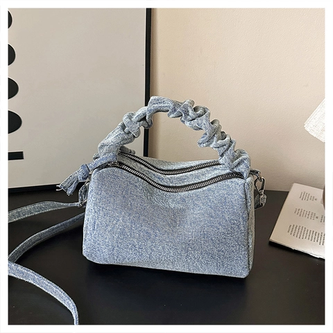 Bolso Bandolera Casual de Mezclilla para Mujer con Asa Fruncida Bolso de Mano Forma Almohada Color Sólido con Correa Ajustable