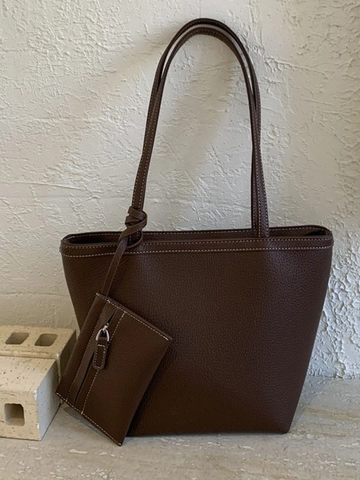 Women Simple Litchi Grain PU Leather Tote Bag Large Capacity Commuter Shoulder Bag With Hanging Pouch Solid Color Soft Handbag