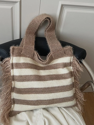Women's Knitted Striped Tote Bag With Tassels Large Capacity Retro Casual Shoulder Bag Soft Knitting Handbag For Shopping