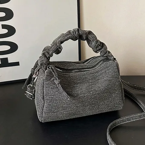 Bolso Bandolera Casual de Mezclilla para Mujer con Asa Fruncida Bolso de Mano Forma Almohada Color Sólido con Correa Ajustable