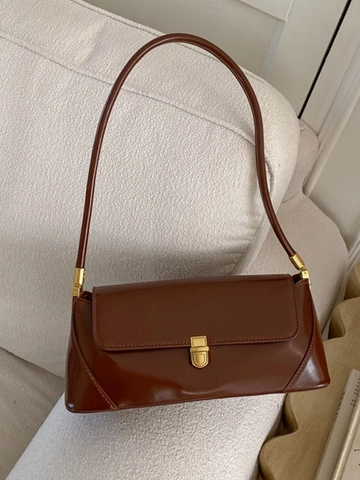 Vintage PU Leather Baguette Bag For Women Fashion Gold Metal Buckle Underarm Bag Retro Solid Color Shoulder Bag Commuter Handbag