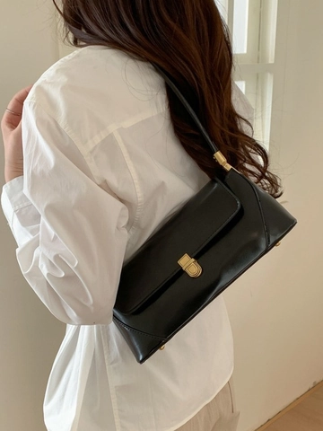 Vintage PU Leather Baguette Bag For Women Fashion Gold Metal Buckle Underarm Bag Retro Solid Color Shoulder Bag Commuter Handbag