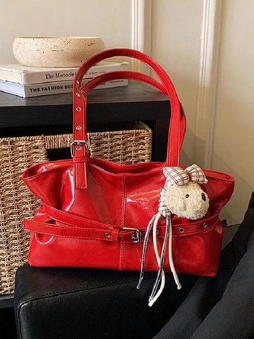 Damen Glänzende PU-Leder Tragetasche Mode Schultertasche Mit Teddybär-Anhänger Große Kapazität Trendige Handtasche