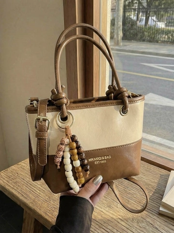 Women Fashion PU Leather Bucket Bag Colorblock Shoulder Bag With Wooden Bead Pendant Retro Versatile Handbag Crossbody Bag