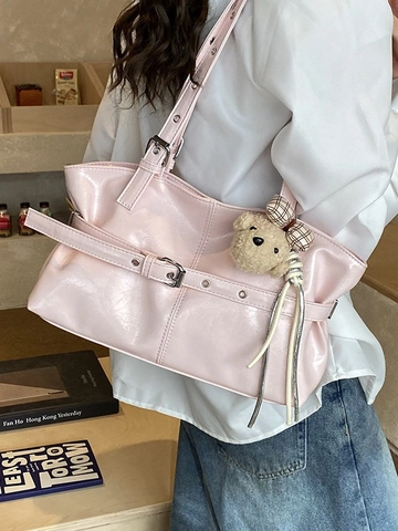 Damen Glänzende PU-Leder Tragetasche Mode Schultertasche Mit Teddybär-Anhänger Große Kapazität Trendige Handtasche