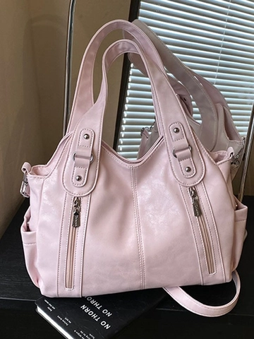 Bolso Tote de Gran Capacidad de Cuero PU Vintage para Mujer Patrón de Litchi Suave Bolso de Hombro Bandolera Con Cremalleras Decorativas Remaches