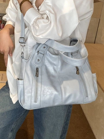 Bolso Tote de Gran Capacidad de Cuero PU Vintage para Mujer Patrón de Litchi Suave Bolso de Hombro Bandolera Con Cremalleras Decorativas Remaches