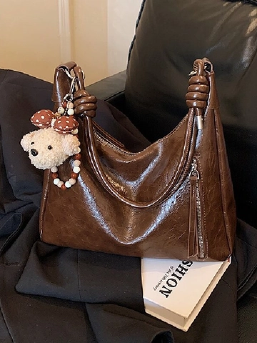 Retro Oil Wax PU Leather Shoulder Bag For Women Large Capacity Pleated Hobo Bag With Knot Strap And Bear Pendant Accessory
