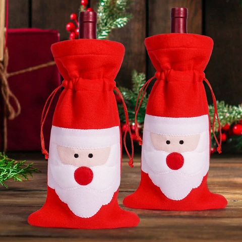 Funda de Vino de Navidad Decoración de Papá Noel Tela Roja Adorno Festivo para Decoración de Mesa de Restaurante Fiesta