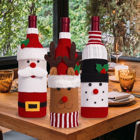Christmas Wine Bottle Cover Knitted Santa Claus Snowman Reindeer Pattern Table Decoration Festive Party Gift Ornament