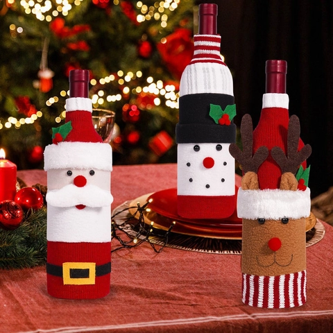 Housses de Bouteille de Vin de Noël Tricotées Père Noël Bonhomme de Neige Renne Polyester Décoration de Table de Fête Festive