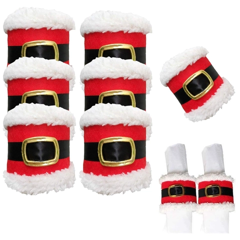 Kerst Servetringen Kerstman Riem Ontwerp Rode Stof Witte Pluche Gouden Gesp Voor Feestelijke Kerst Tafeldecoratie