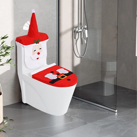 Christmas Santa Claus Toilet Lid Cover Tank Cover Floor Mat Bathroom Home Decoration Polyester Fabric Red White Festive Ornament