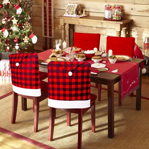 Housses de Chaise de Noël à Carreaux Buffalo en Polyester Style Bonnet de Père Noël pour Salle à Manger Fête Décoration de Noël