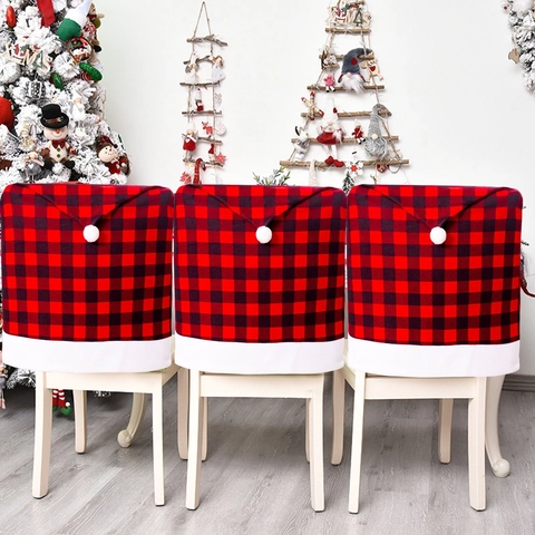 Housses de Chaise de Noël à Carreaux Buffalo en Polyester Style Bonnet de Père Noël pour Salle à Manger Fête Décoration de Noël