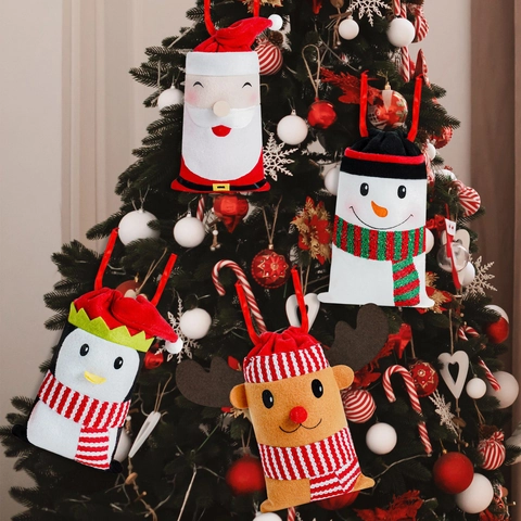 Sacchetti Regalo per Caramelle con Coulisse Natalizia Tessuto Non Tessuto Babbo Natale Pupazzo di Neve Renna Pinguino