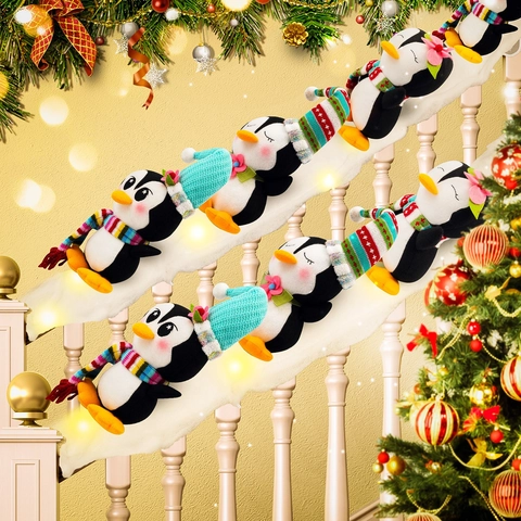 Christmas Penguin Staircase Decoration With LED Lights Snow Blanket Polyester Plush Penguins For Xmas Holiday Home Indoor Decor