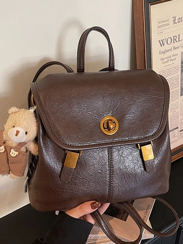 Women Vintage PU Leather Backpack Large Capacity School Bag With Teddy Bear Pendant Casual Travel Daypack For Ladies