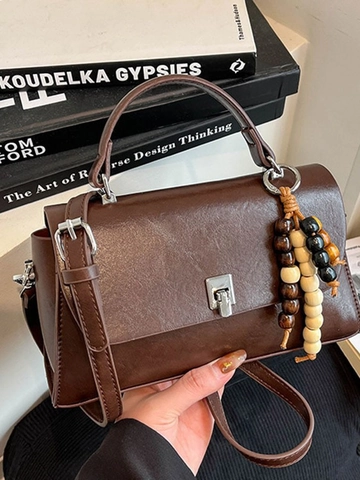 Women Vintage PU Leather Crossbody Bag Solid Color Square Handbag With Wood Beaded Charm Metal Lock Shoulder Bag Daily