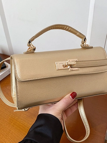 Women Vintage PU Leather Small Square Bag High End Style Handbag With Gold Metal Twist Lock Top Handle Crossbody Shoulder Bag