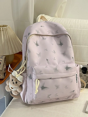 Mode Schmetterlingsdruck Nylon Rucksack Für Damen Große Kapazität Schultasche Mit Bärenanhänger Casual Student Reise-Tagesrucksack