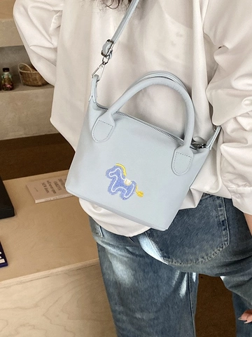 Petit Sac à Épaule en Cuir PU pour Femme Broderie de Cheval de Dessin Animé Sac Bandoulière Versatile Sac à Main Élégant Zip