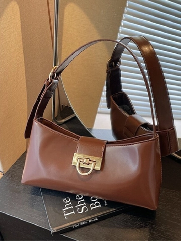 Vintage PU Leder Achseltasche Damen Goldene Schließe Einfarbig Minimalistisch Täglich Einzelschulter Baguette Tasche