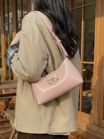 Vintage PU Leder Achseltasche Damen Goldene Schließe Einfarbig Minimalistisch Täglich Einzelschulter Baguette Tasche