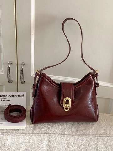 Borsa Sottobraccio in Pelle PU Minimalista Retrò da Donna Fibbia in Metallo Dorato Consistenza Cera d'Olio Borsa a Tracolla Quotidiana Chic