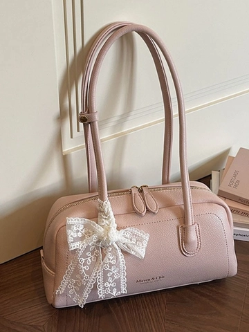 Women Casual PU Leather Boston Shoulder Bag With White Lace Bow Vintage Stitching Armpit Bag For Daily Use