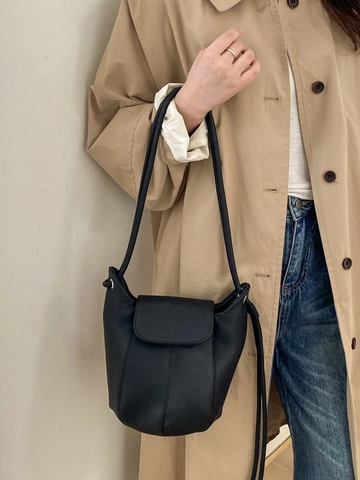 Sac Seau pour Femme en Cuir PU Rétro Minimaliste Motif Litchi Sac à Bandoulière avec Rabat et Surpiqûres