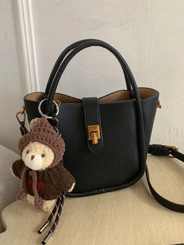 Fashion Lychee Pattern PU Leather Bucket Bag For Women Retro Casual Handbag With Single Adjustable Strap Daily Crossbody Bag