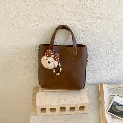 Damen Retro Minimalistische Eimertasche Aus Kunstleder Vielseitige Tägliche Umhängetasche Mit Süßem Plüschanhänger Pendler Handtasche