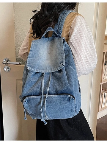 Vintage Denim Rugzak Voor Dames Grote Capaciteit Water Gewassen Schooltas Casual Reizen Trekkoord Klep Mode Tas