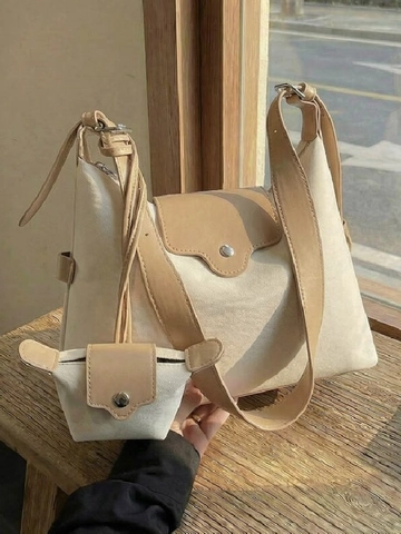 Women Contrast Color Canvas PU Shoulder Bag With Mini Pouch Large Capacity Minimalist Crossbody Underarm Bag Daily Commute
