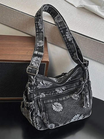 Borsa a Tracolla in Denim Lavato Retro per Donna Stampa Floreale Margherita Tasche Multiple con Cerniera Grande Capacità Tracolla Regolabile Borsa a Spalla