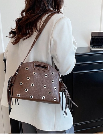 Sac Bandoulière Femme Vintage en Cuir PU Avec Oeillets Métalliques Glands Motif Lychee Style Punk Sac à Main Épaule