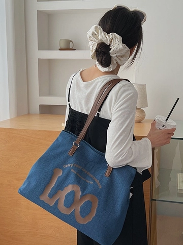 Women Large Capacity Tote Bag Canvas Denim Shoulder Bag For Daily Travel Casual Vintage Style With Letter Print Zipper Closure