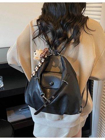 Women Vintage PU Leather Multi Functional Backpack Large Capacity Shoulder Bag Solid Color School Travel Bag Korean Style Handbag