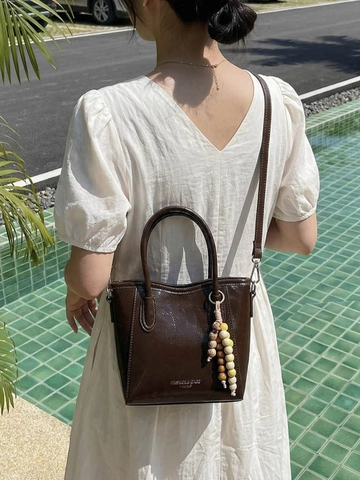Women PU Leather Bucket Bag Minimalist Shoulder Crossbody Handbag With Colorful Beaded Pendant Fashion Casual Tote Purse