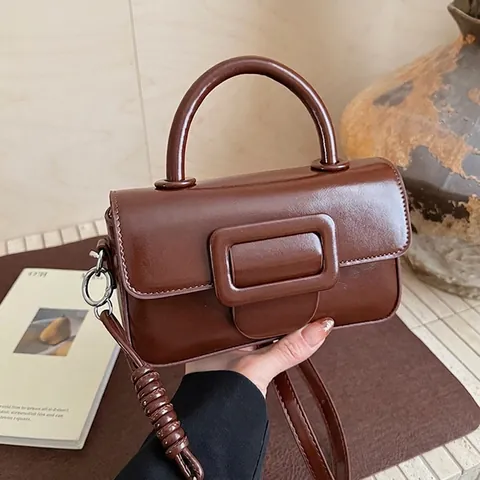 Women Vintage PU Leather Crossbody Bag Fashion Square Buckle Shoulder Handbag Large Buckle Elegant Commuter Small Bag