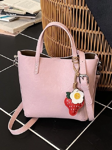 Vintage Women PU Leather Bucket Bag Minimalist Soft Shoulder Crossbody Bag Retro Handheld Commuter Purse With Cute Strawberry Charm